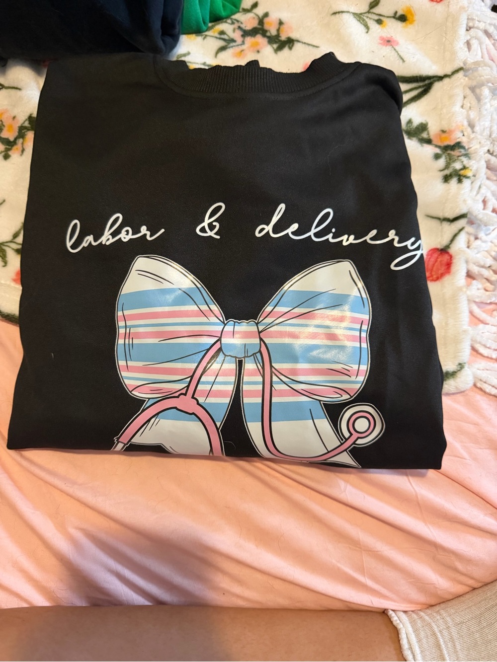 Black Women's Sweatshirt with Pastel Striped Bow Graphic - Unbranded